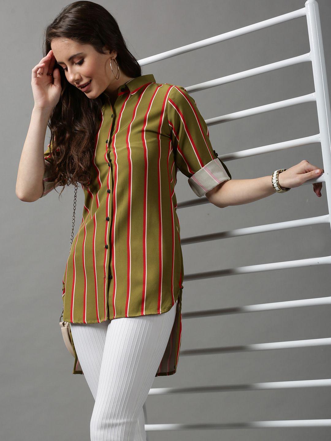 showoff women olive green slim fit striped casual shirt