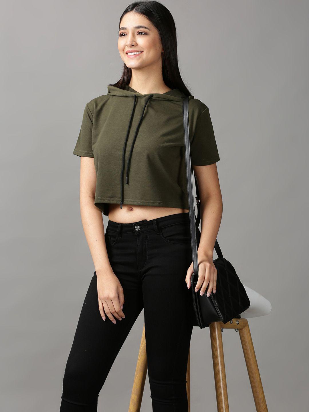 showoff women olive green solid crop top