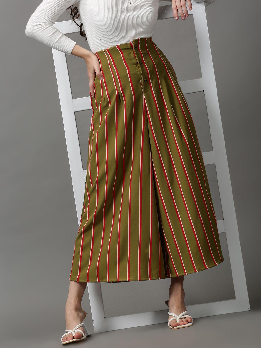 showoff women olive green striped loose fit pleated culottes trousers