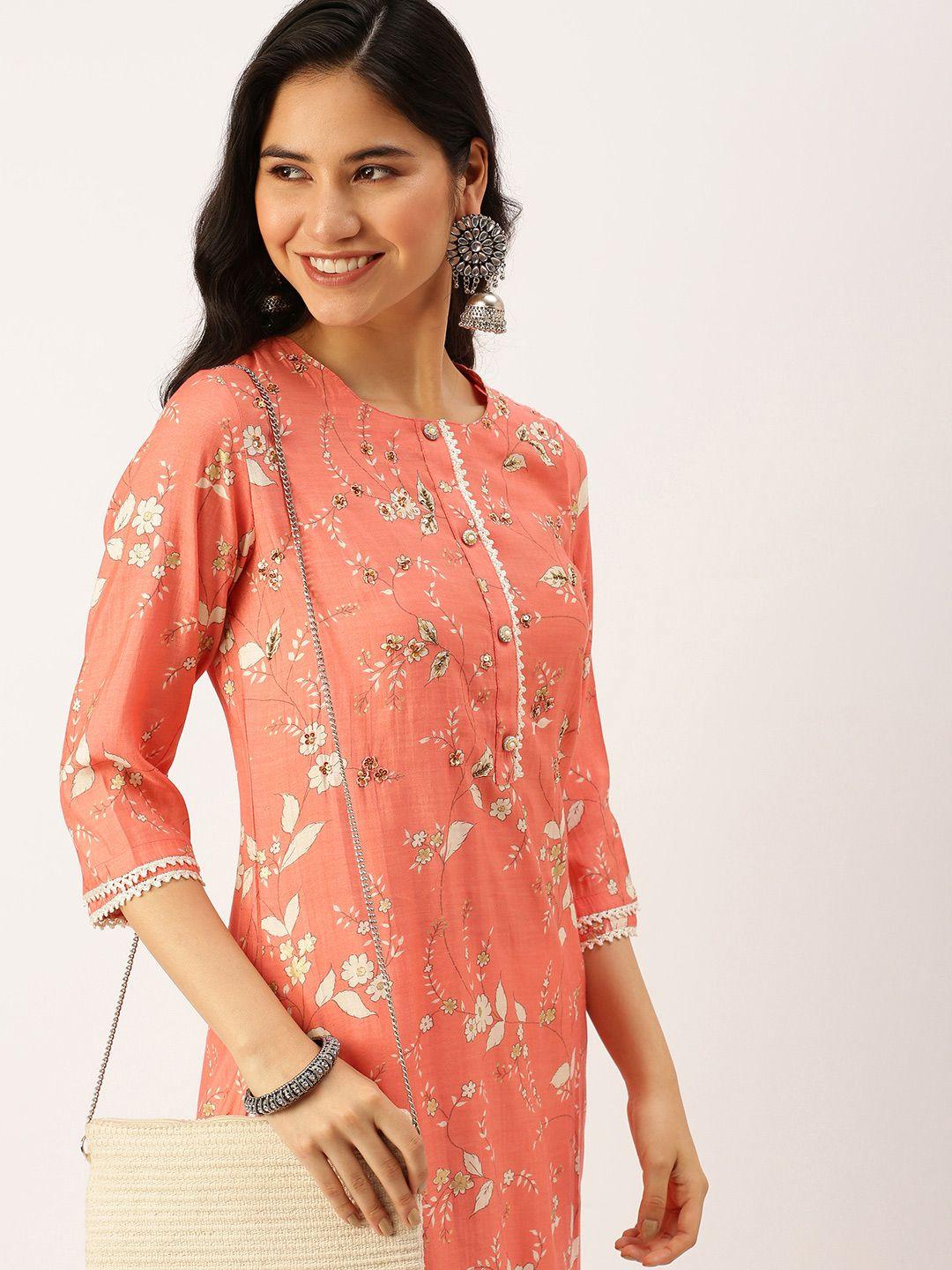 showoff women orange floral printed beads and stones kurta with palazzos