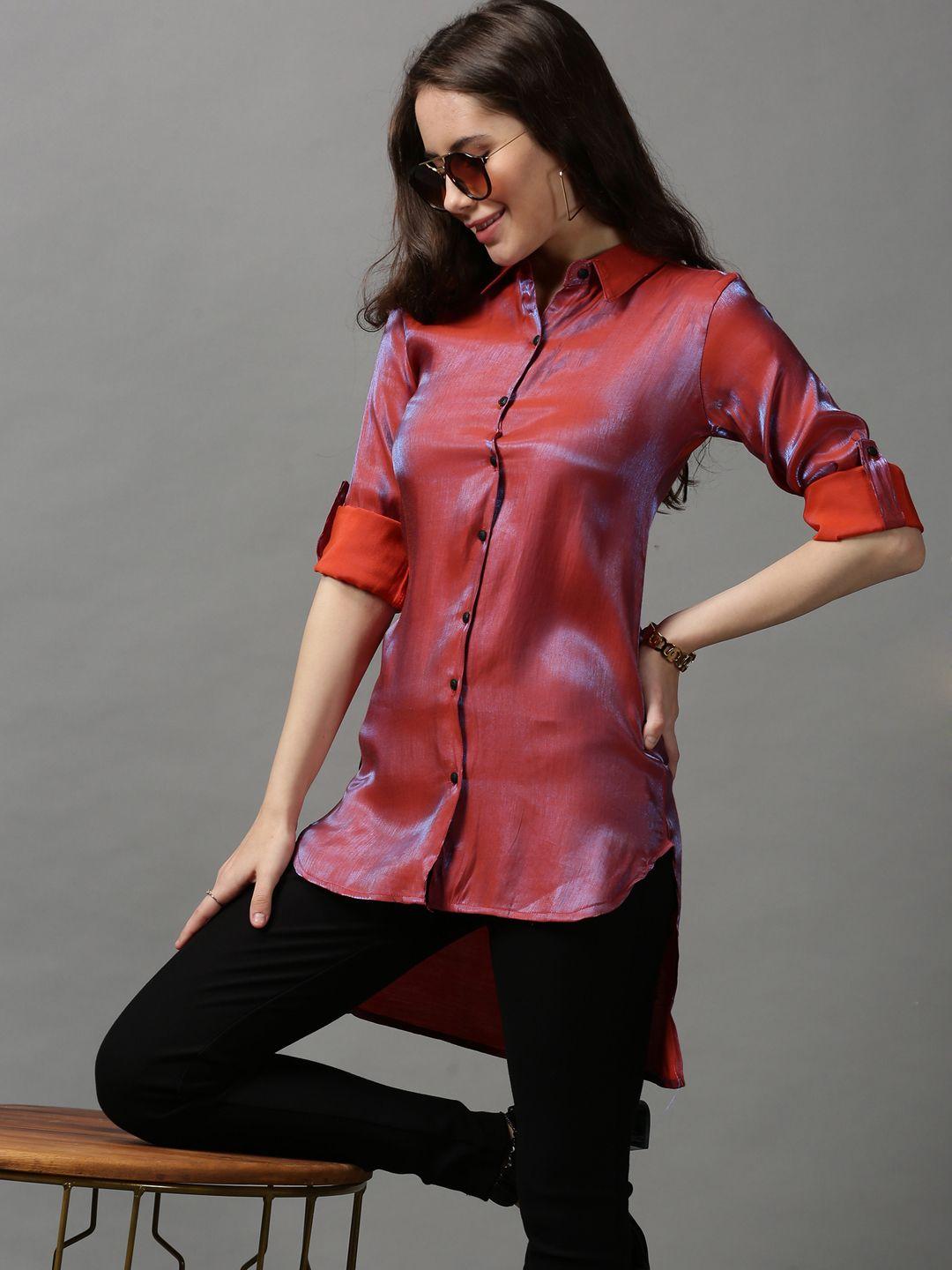 showoff women orange slim fit checked casual shirt