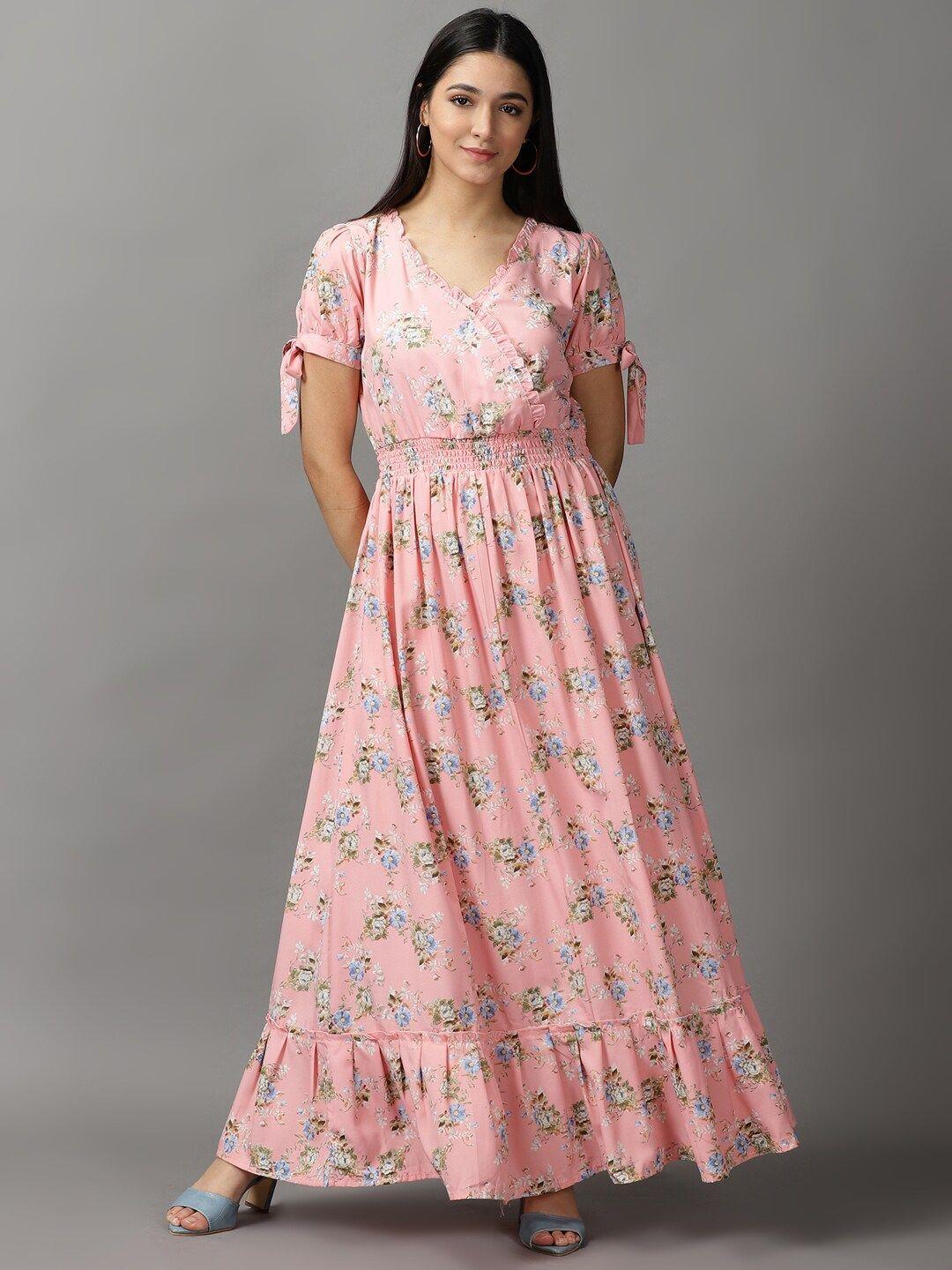 showoff women peach-coloured & blue floral chiffon maxi maxi dress