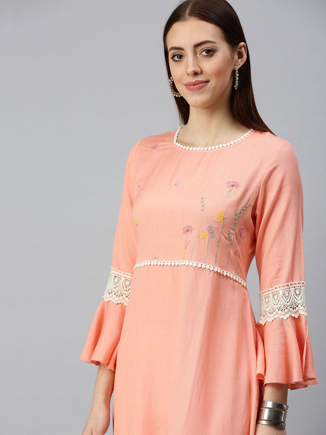 showoff women peach-coloured & white floral embroidered bell sleeves kurta