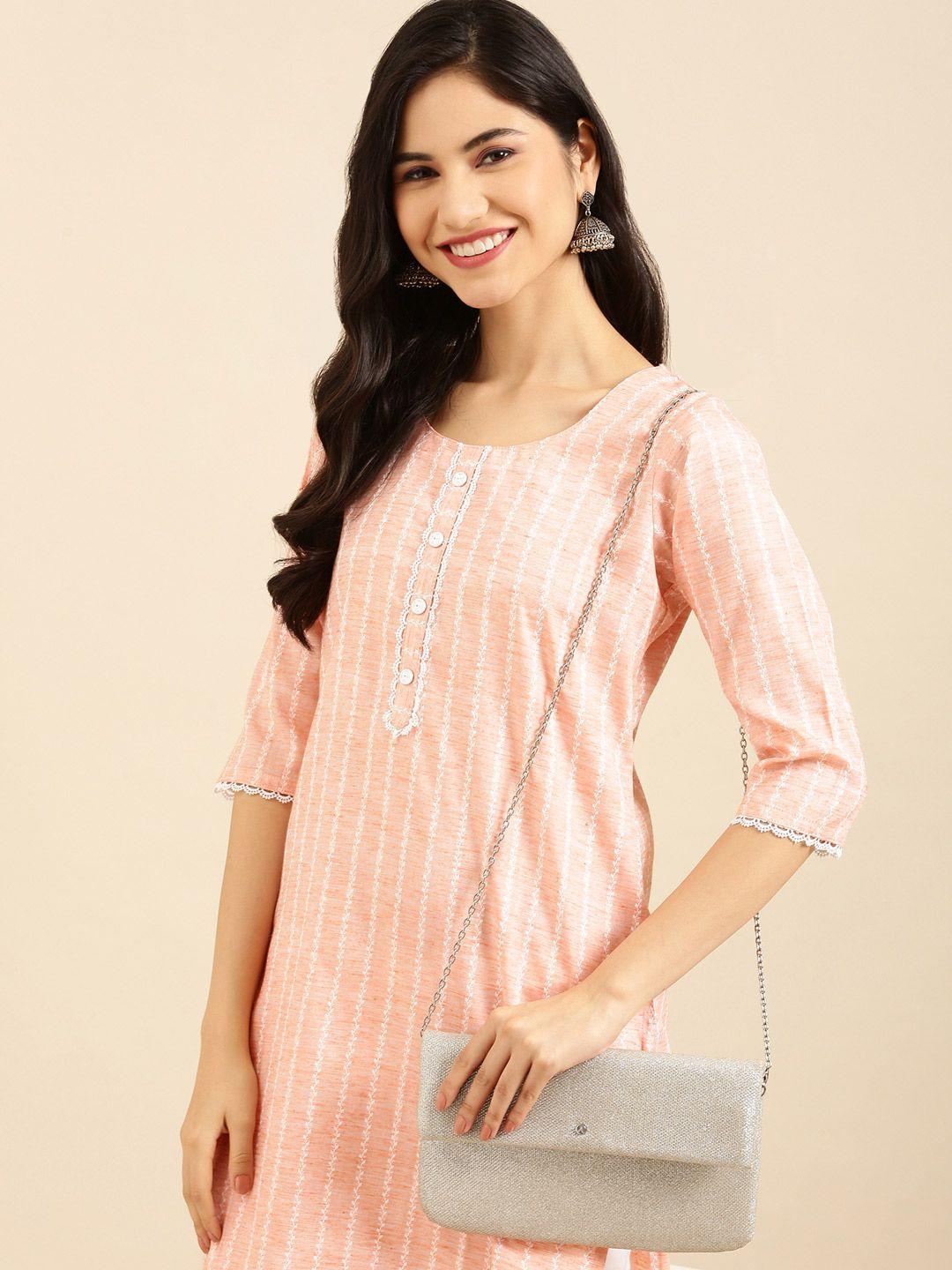 showoff women peach-coloured & white striped kurta