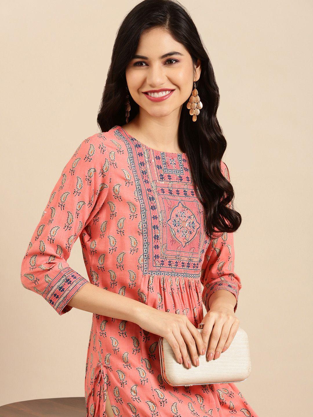 showoff women peach-coloured ethnic motifs printed cotton kurta