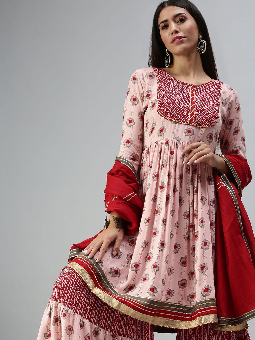 showoff women peach-coloured ethnic motifs printed pleated gotta patti kurta with palazzos & with dupatta