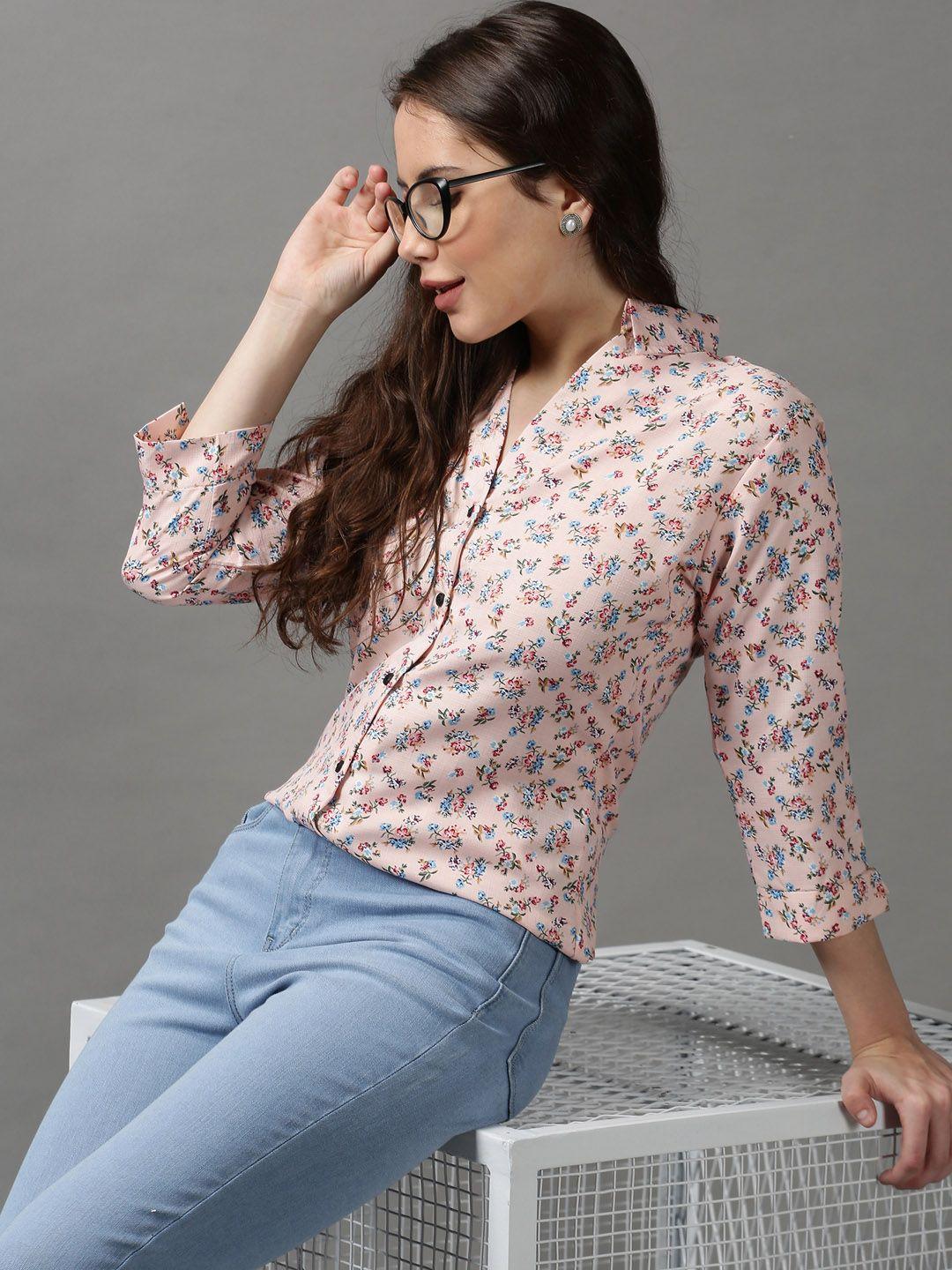 showoff women peach-coloured floral printed casual shirt