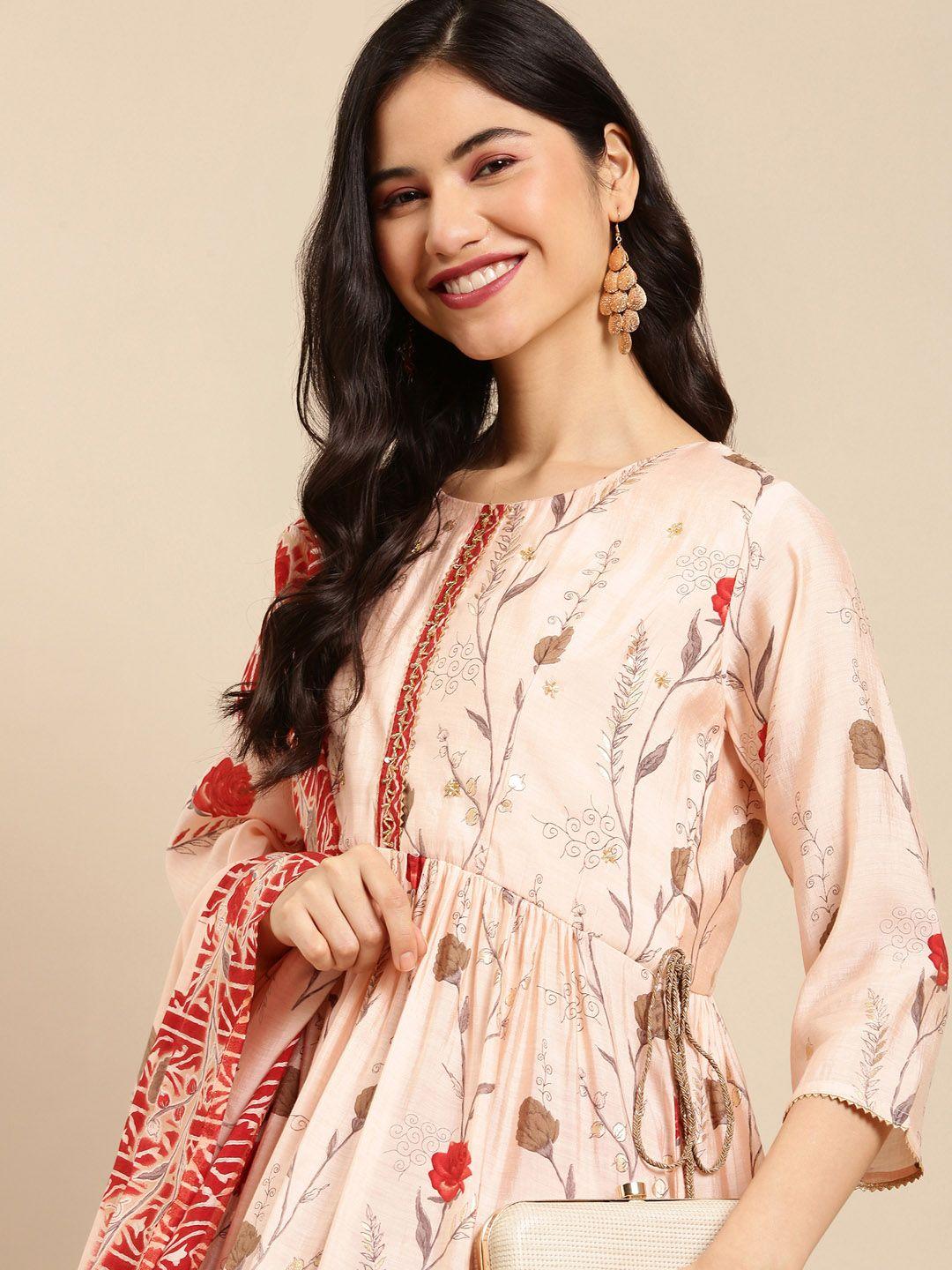 showoff women peach-coloured floral printed empire beads and stones kurta with trousers & with dupatta