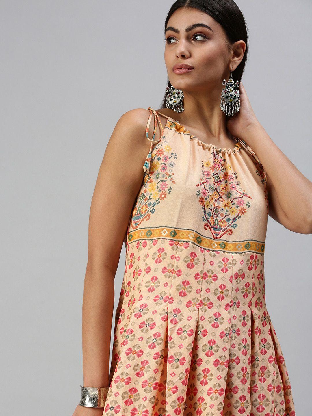 showoff women peach-coloured floral printed keyhole neck anarkali kurta