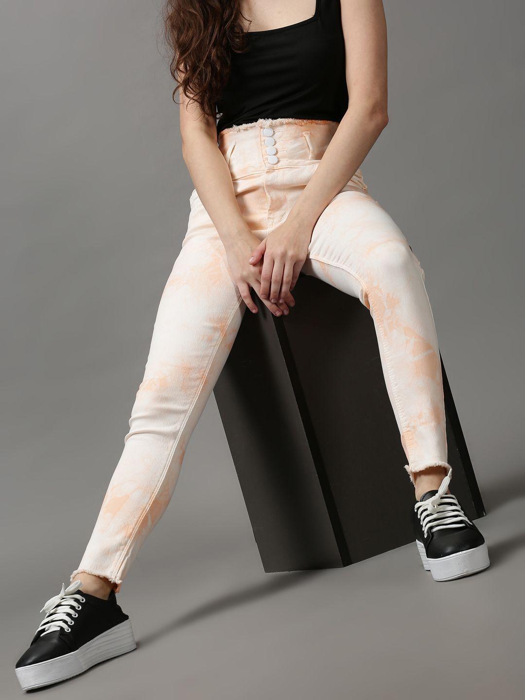 showoff women peach-coloured skinny fit high-rise printed stretchable jeans