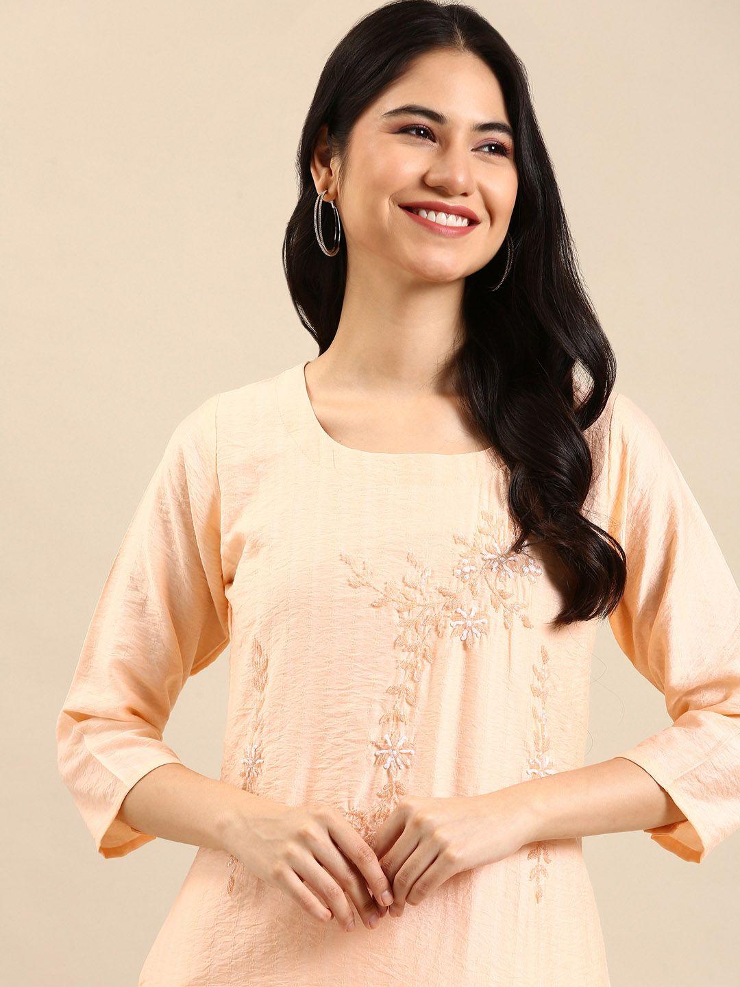 showoff women peach-coloured solid calf length  embellished regular kurta