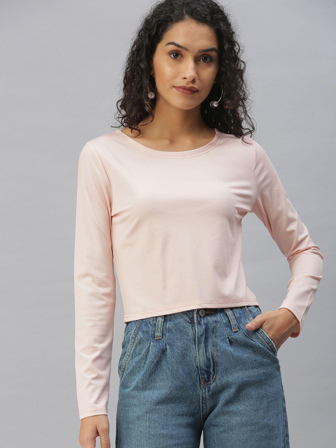 showoff women peach-coloured solid crop t-shirt