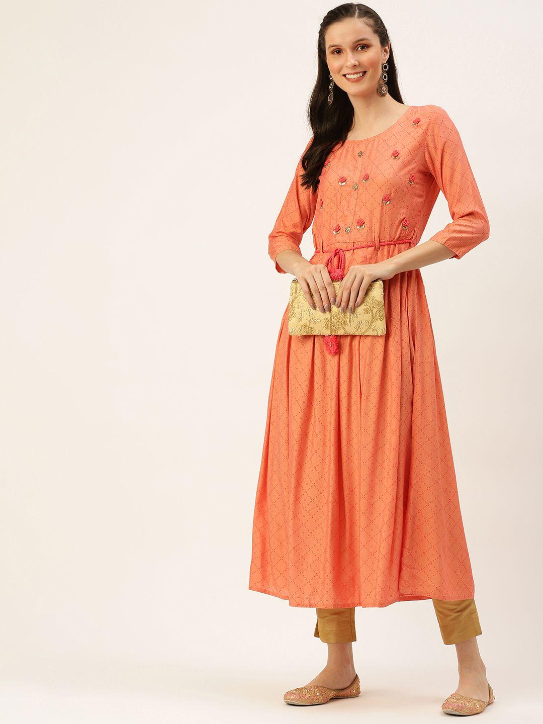 showoff women peach embroidered thread work a-line kurta