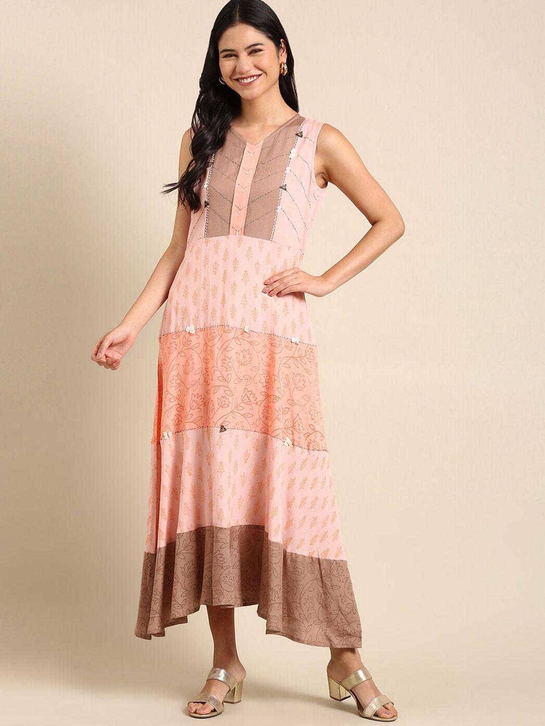 showoff women peach printed ethnic dress