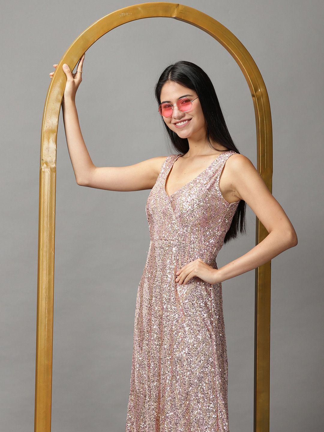 showoff women pink & beige embellished maxi maxi dress