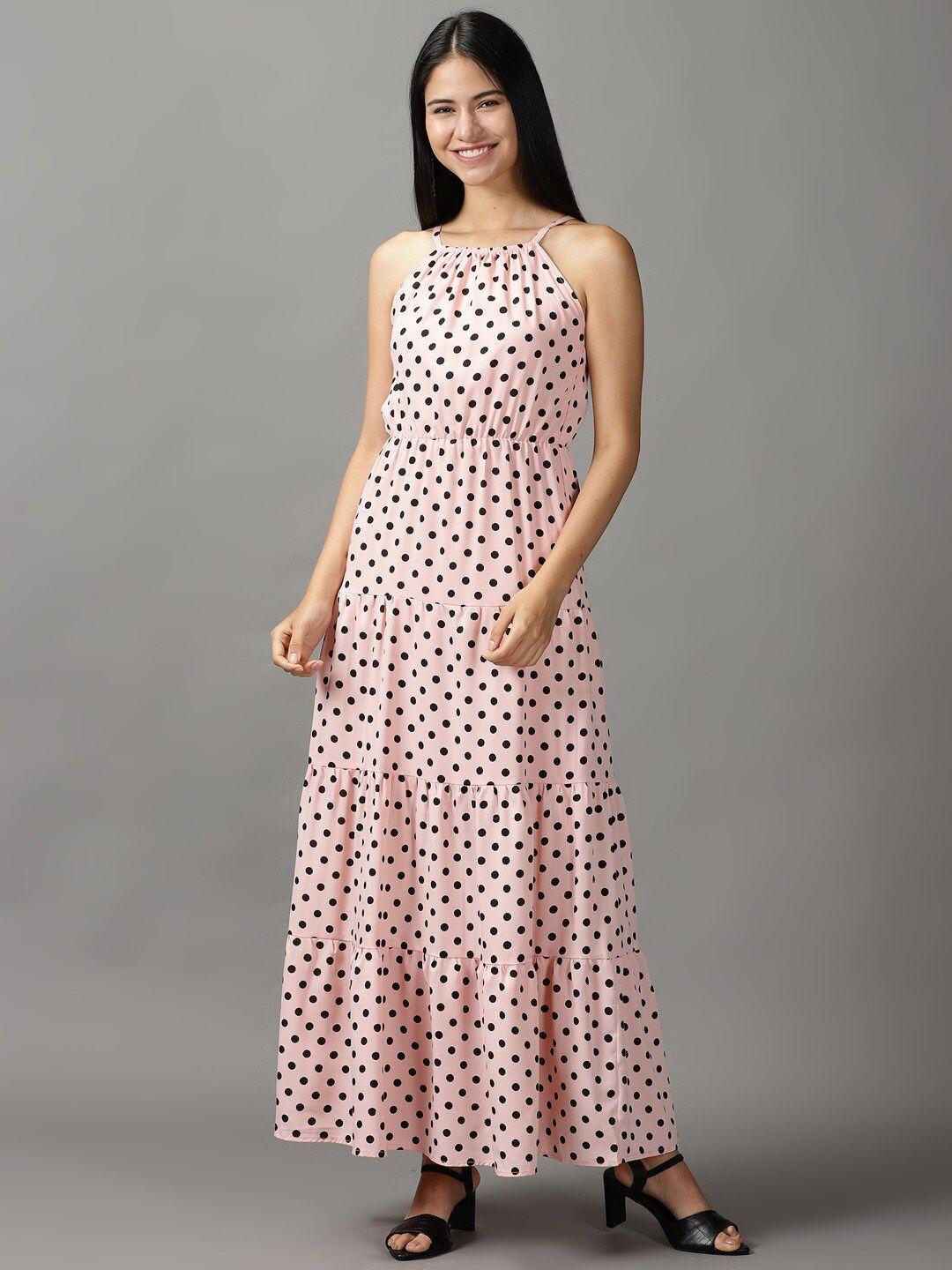 showoff women pink & black polka dots printed maxi dress