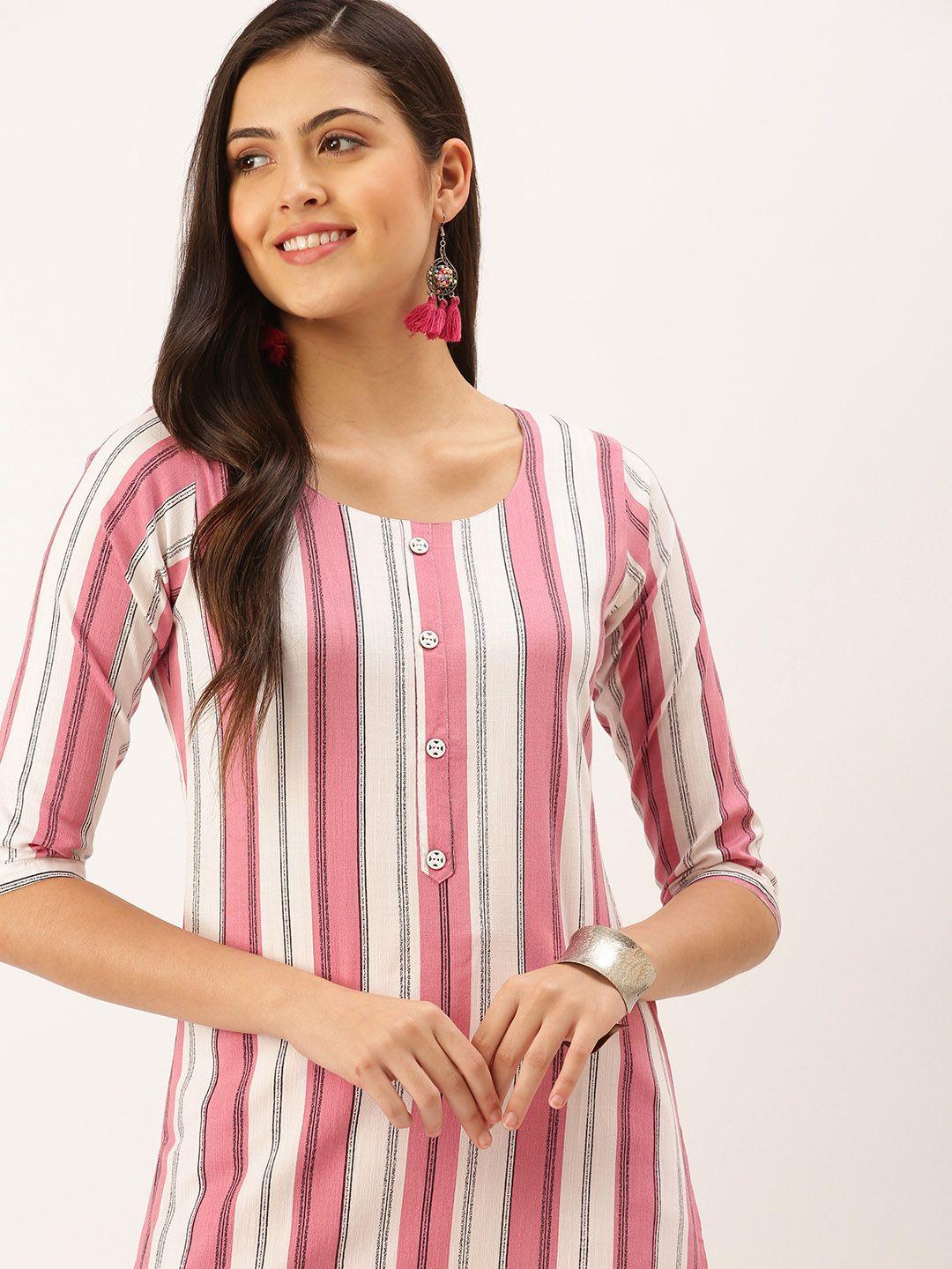 showoff women pink & black striped straight kurta