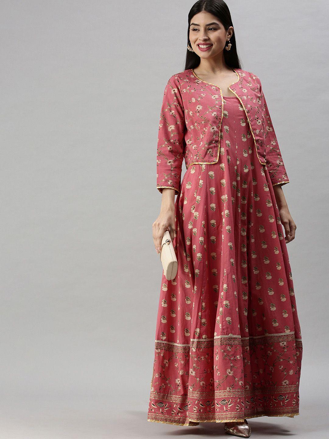 showoff women pink & off white floral cotton blend gotta patti anarkali kurta & jacket