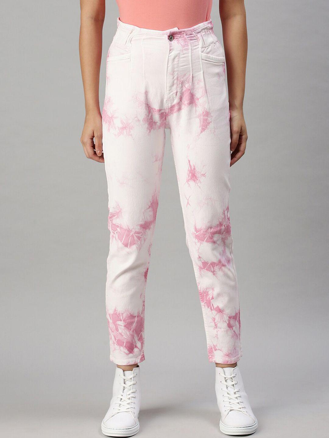 showoff women pink & white high-rise clean look elasticated stretchable jeans