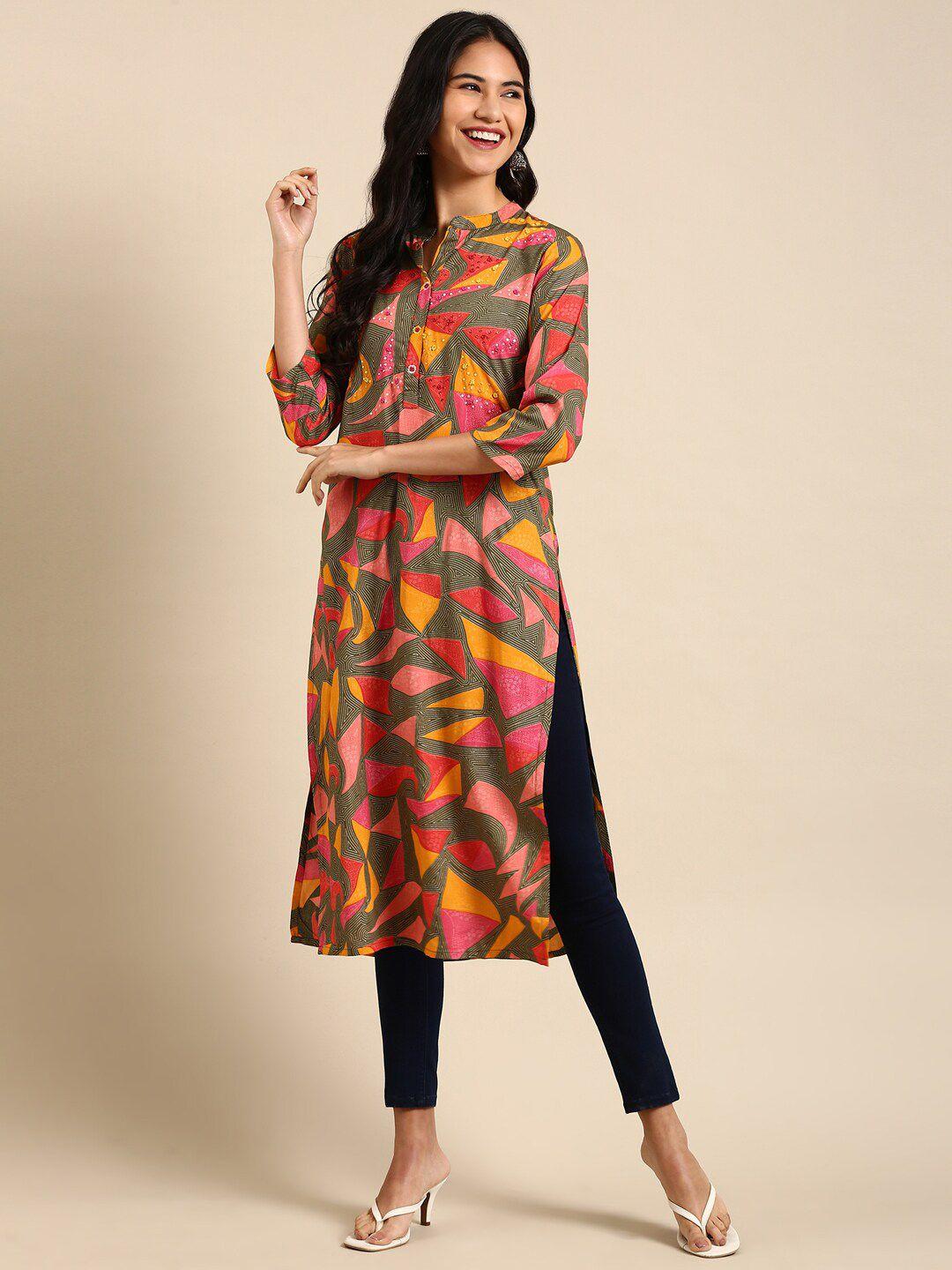 showoff women pink & yellow printed kurta