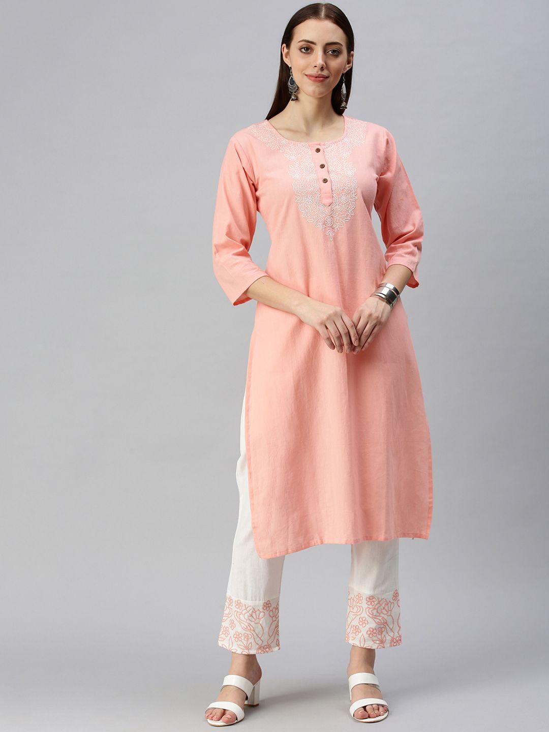 showoff women pink embroidered kurti with trousers