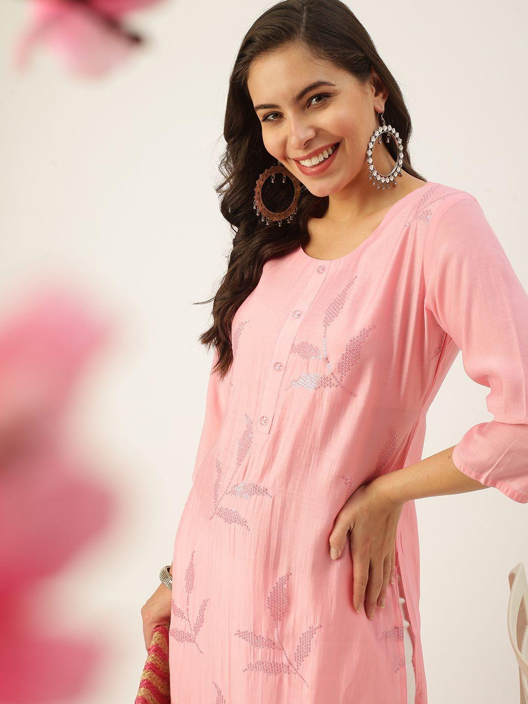 showoff women pink floral cotton kurta