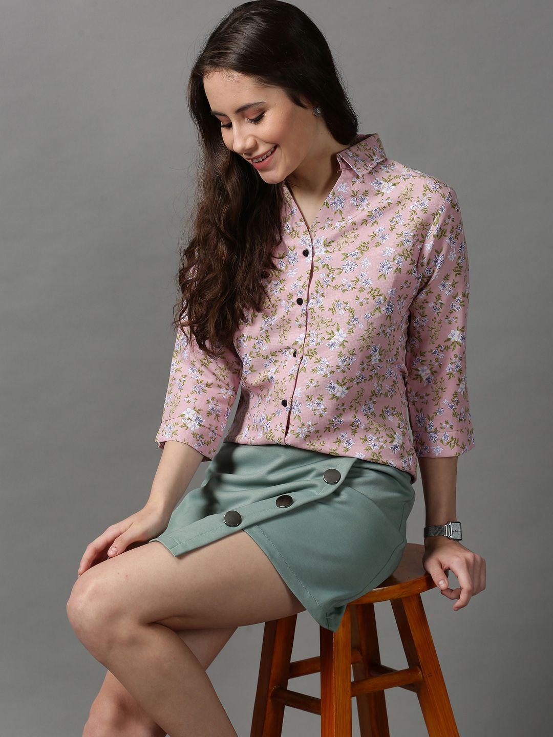 showoff women pink floral printed casual shirt