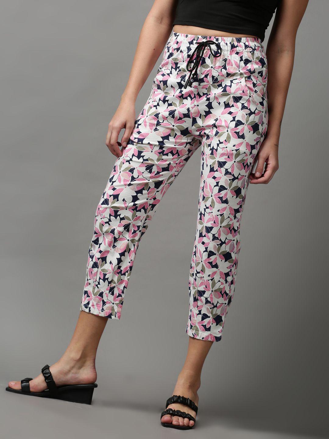 showoff women pink floral printed cotton trousers