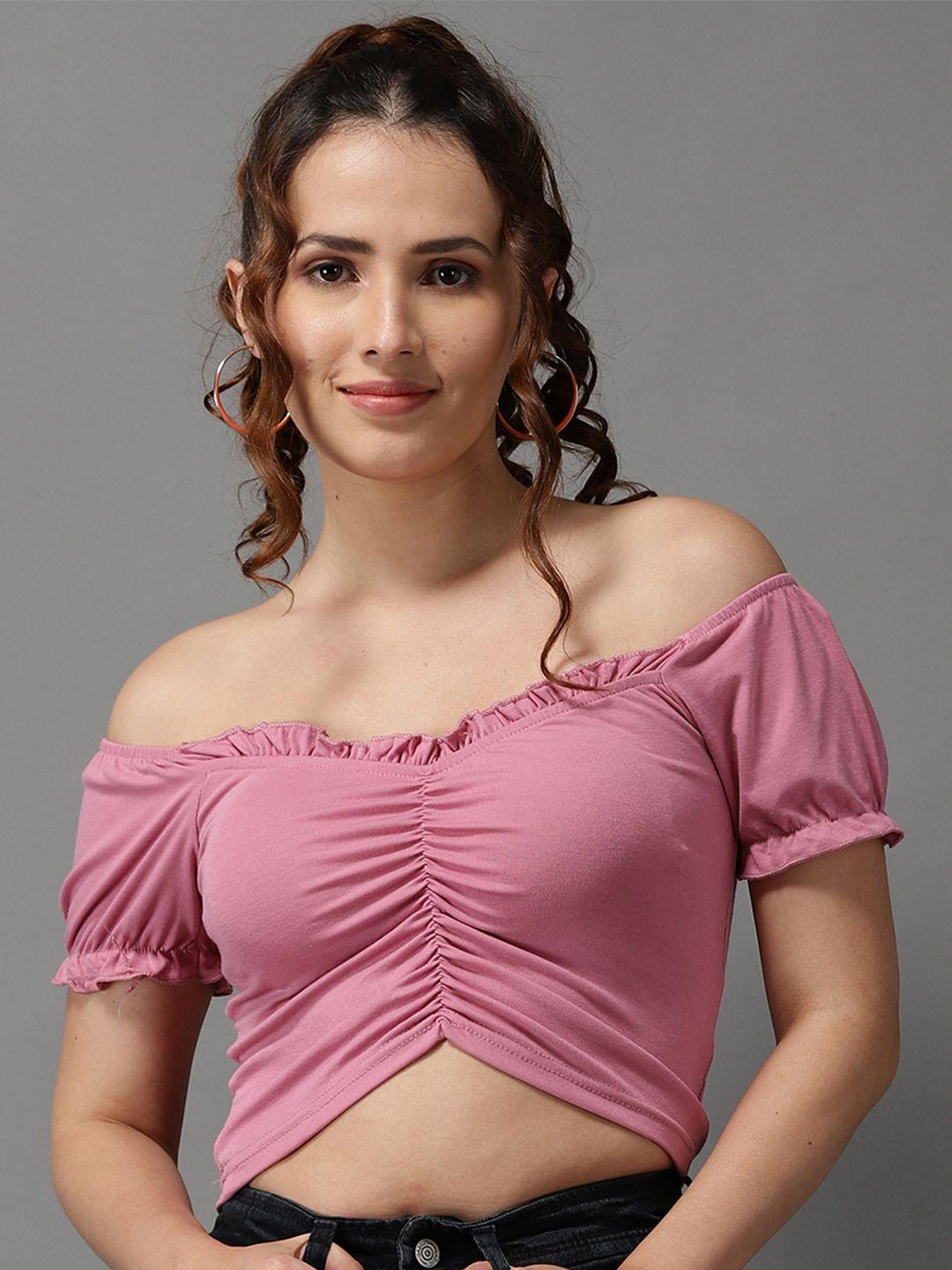 showoff women pink solid off-shoulder bardot crop top