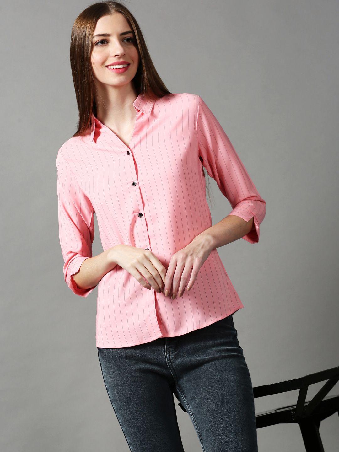 showoff women pink striped casual shirt