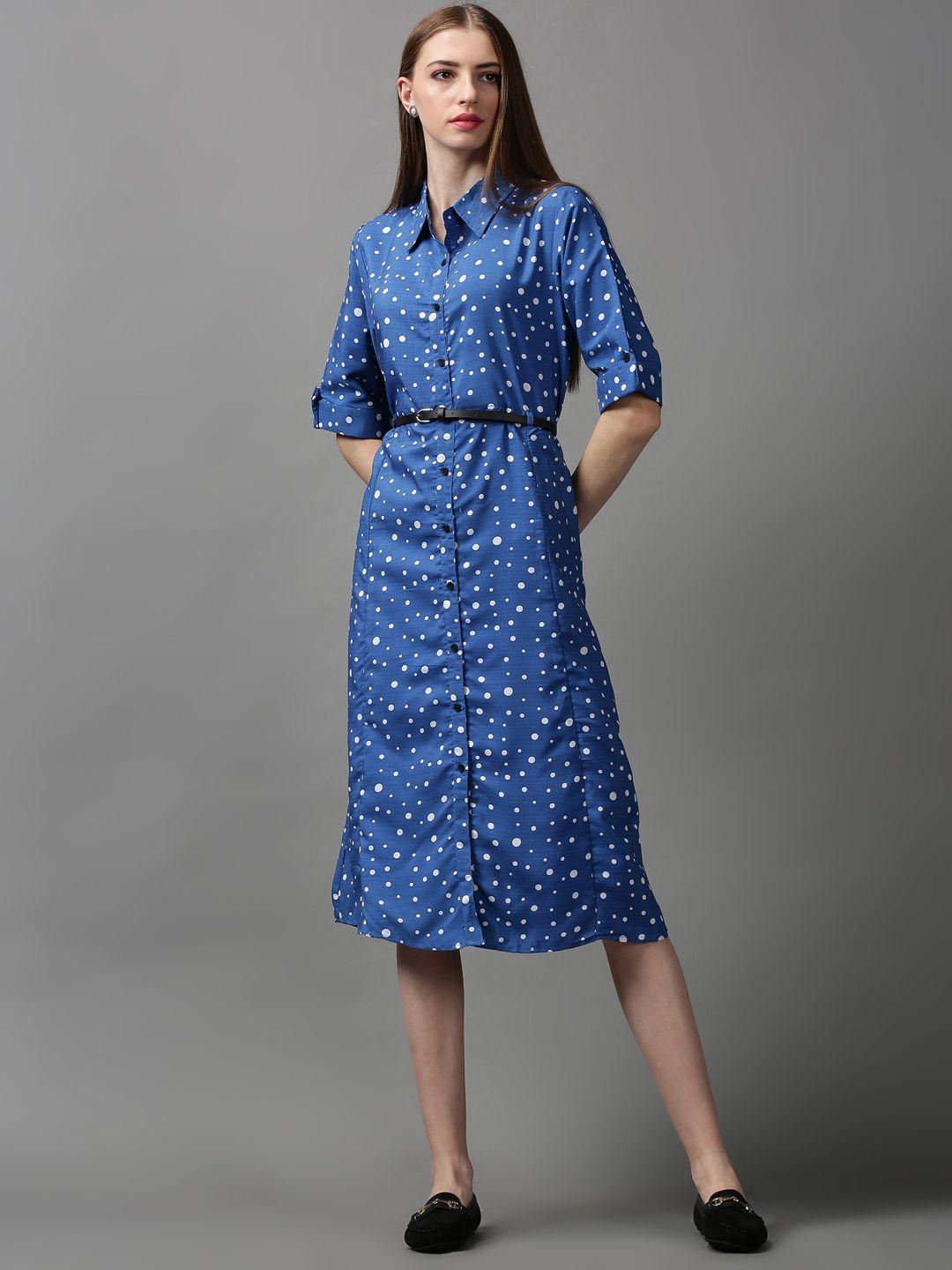 showoff women polka dots printed cotton shirt midi dress