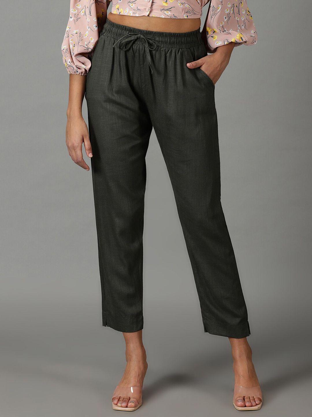 showoff women pure cotton regular fit mid-rise trousers