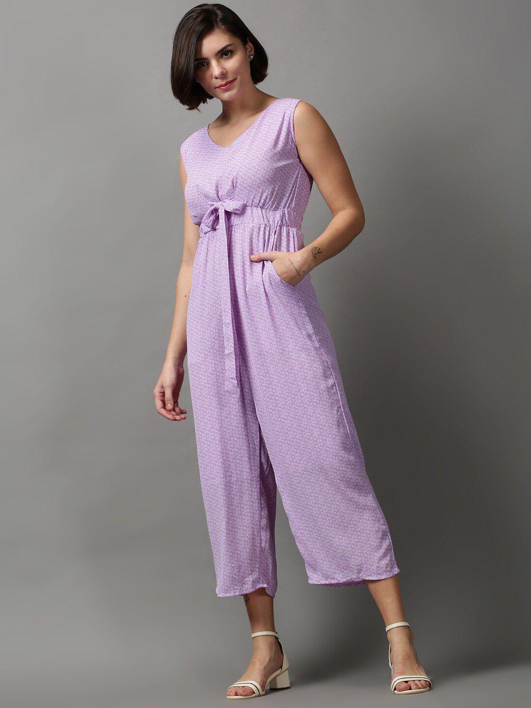 showoff women purple & white printed  v-neck sleeveless basic jumpsuit