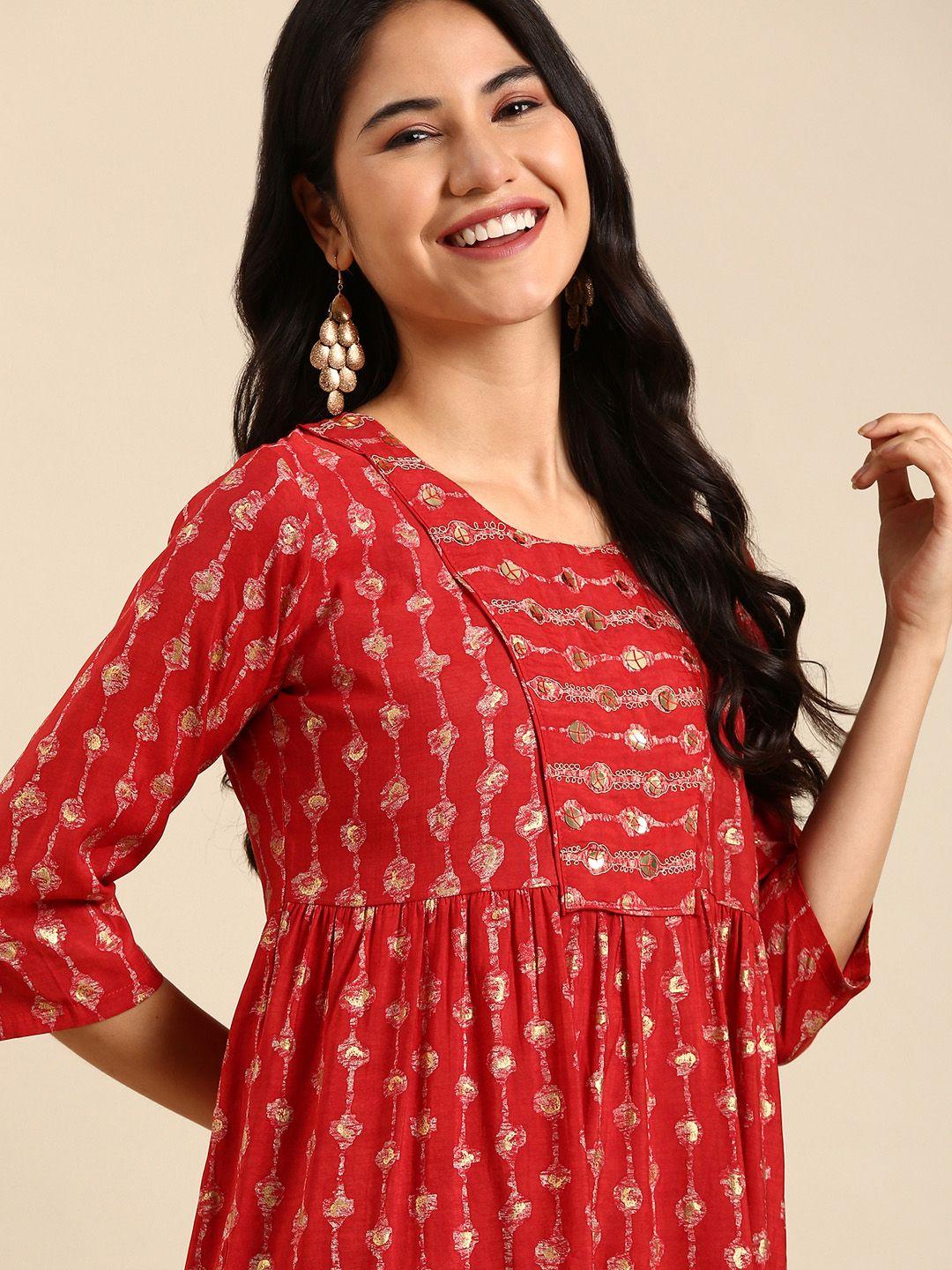 showoff women red & gold-toned floral printed anarkali kurta