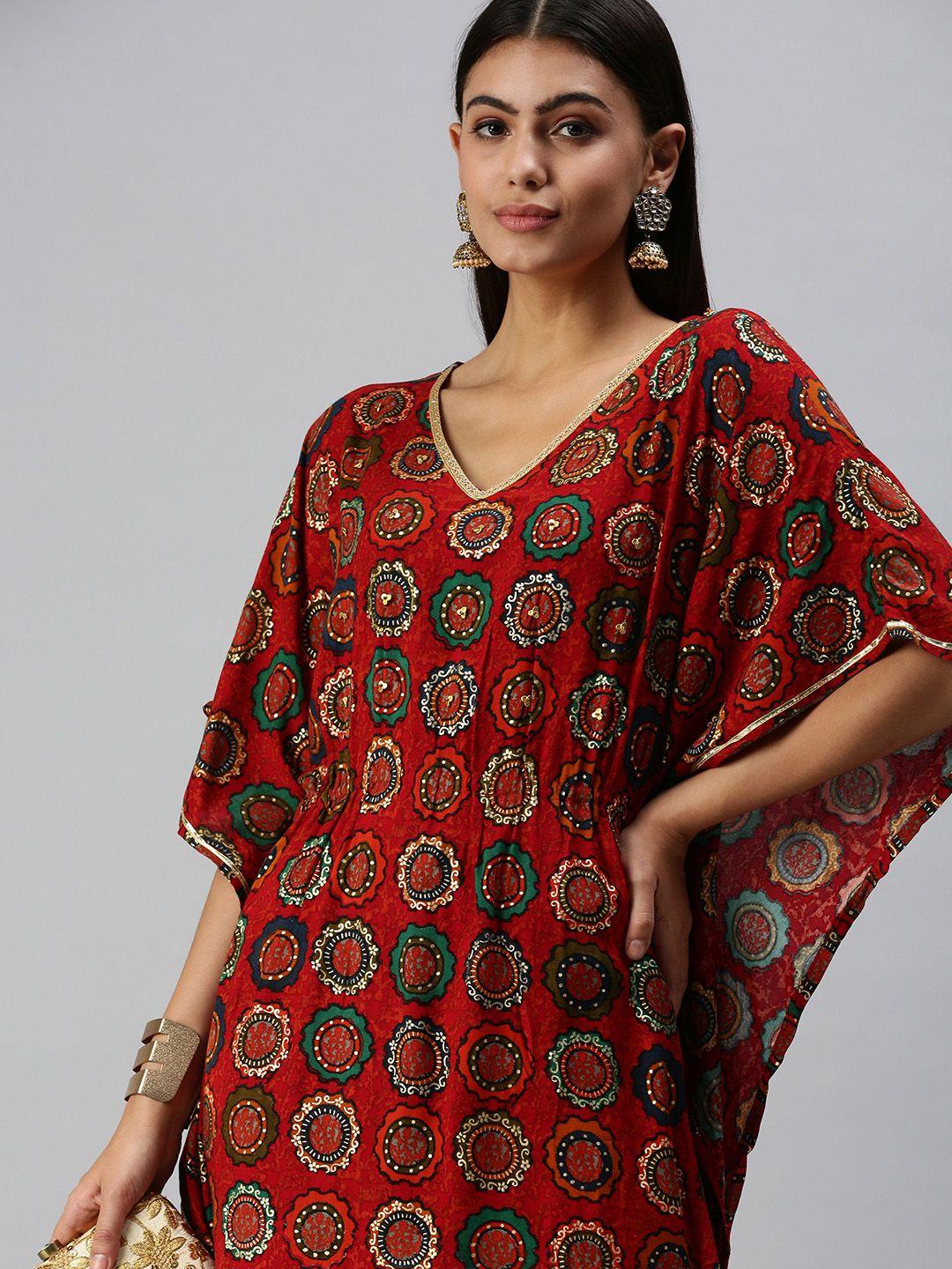 showoff women red & green printed gotta patti cotton kaftan kurta