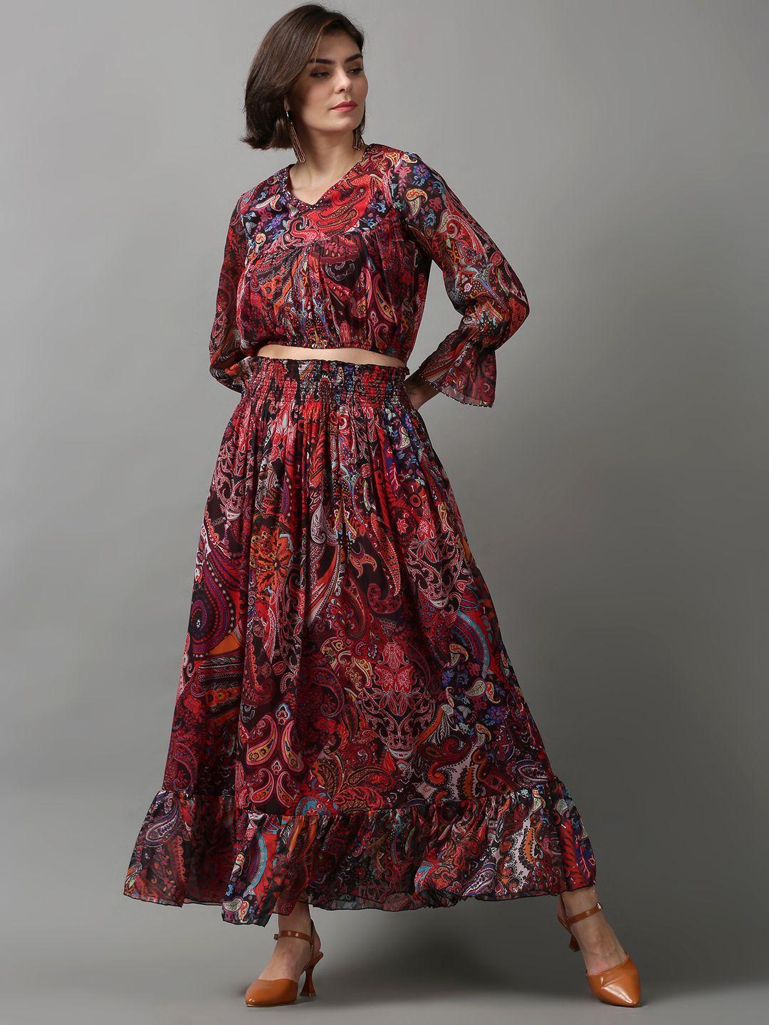 showoff women red & maroon printed co-ords