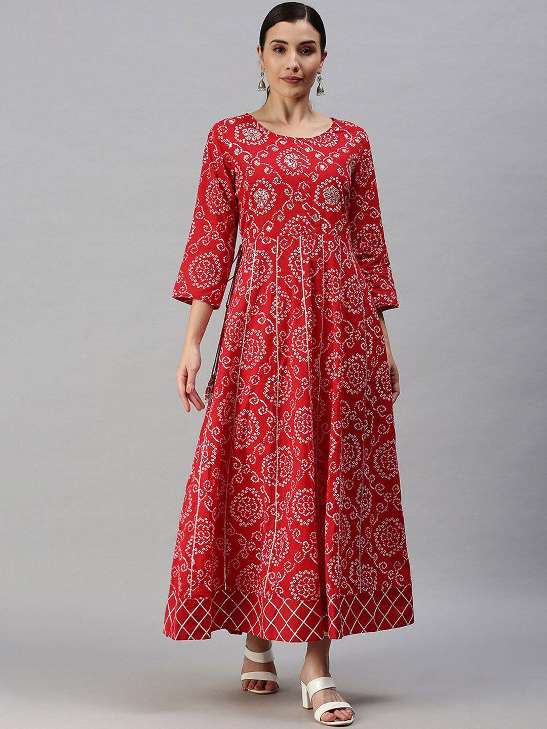 showoff women red bandhani printed gotta patti round neck anarkali kurta