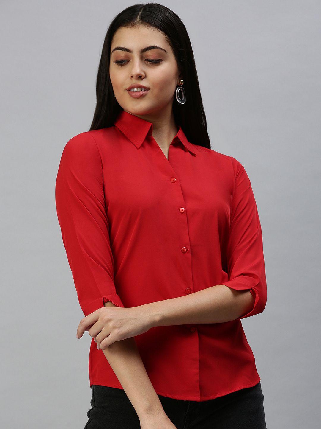 showoff women red comfort slim fit casual shirt