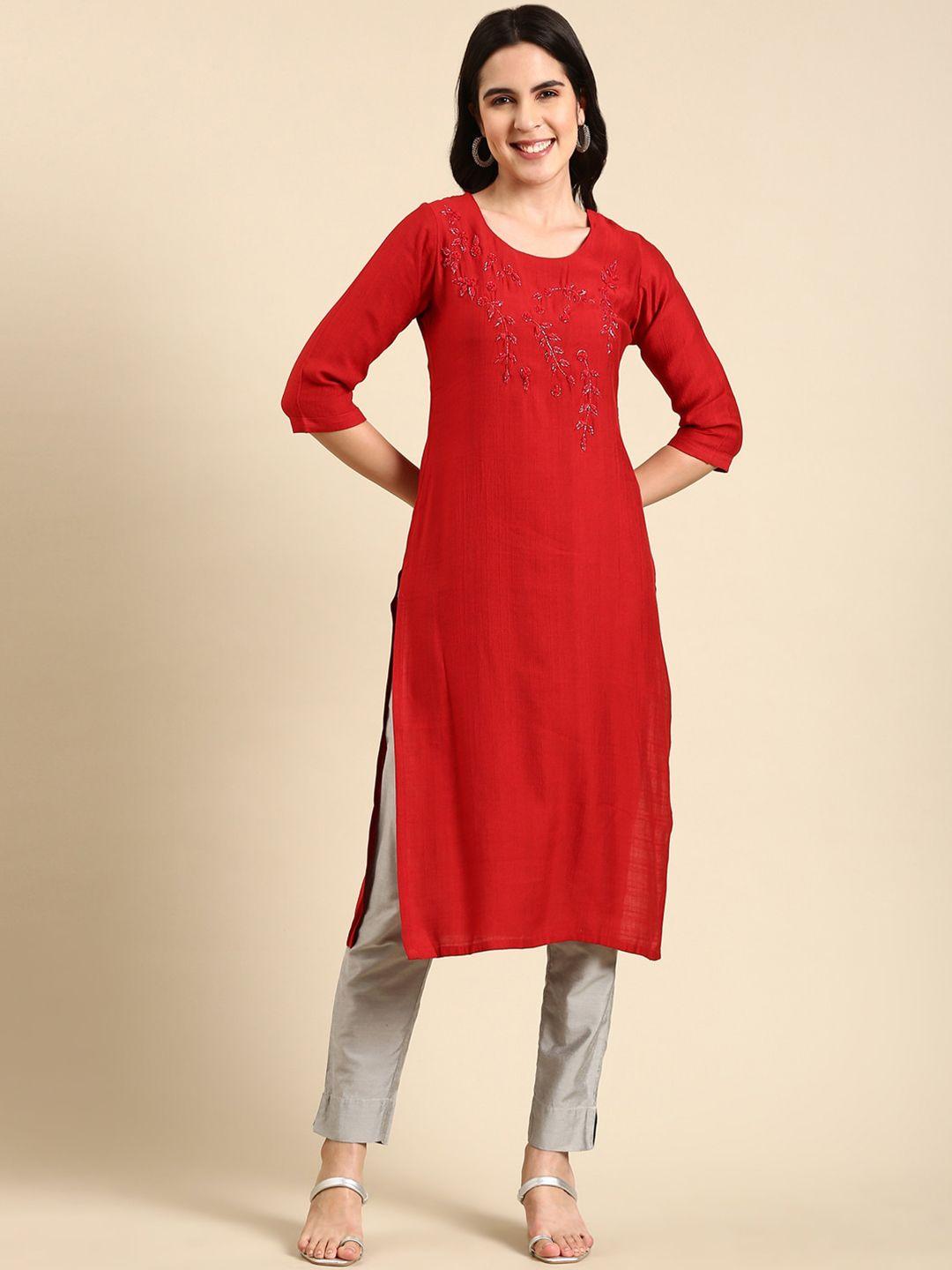 showoff women red embroidered sequinned kurta