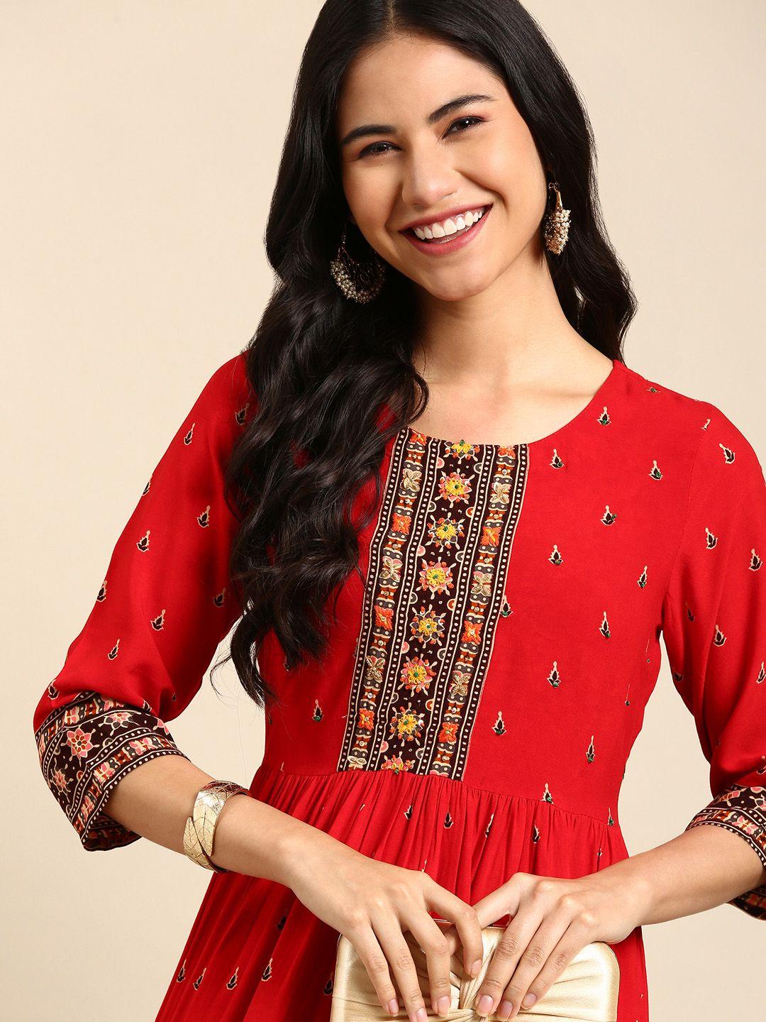 showoff women red floral embroidered kurta