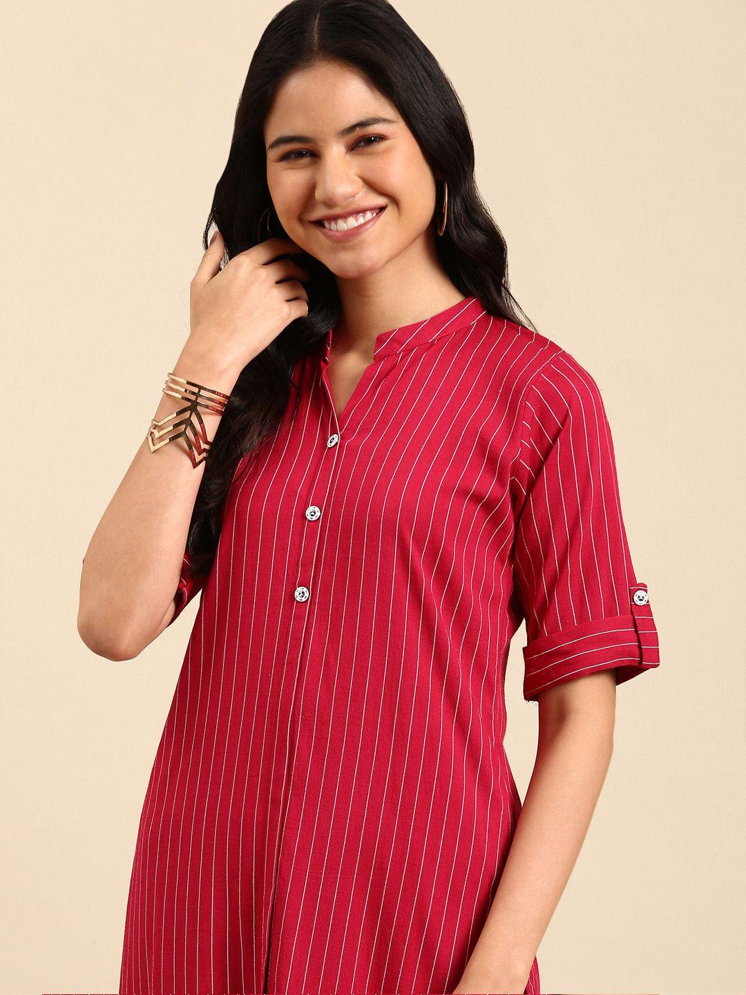showoff women red striped kurta with trousers