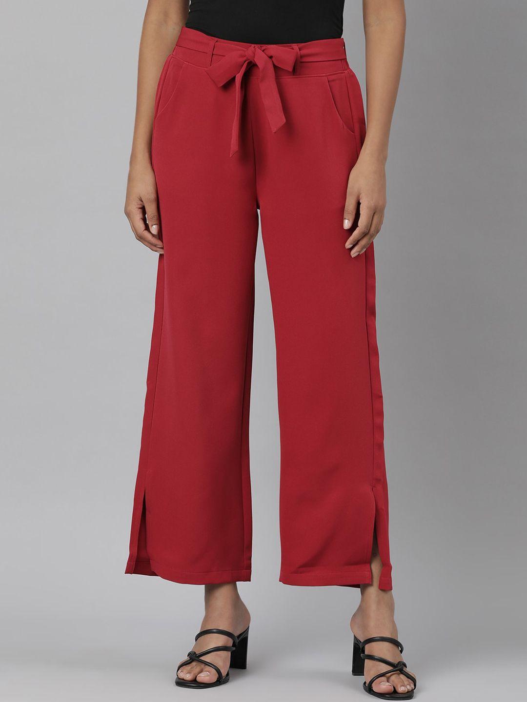 showoff women relaxed straight leg straight fit wrinkle free cotton parallel trousers