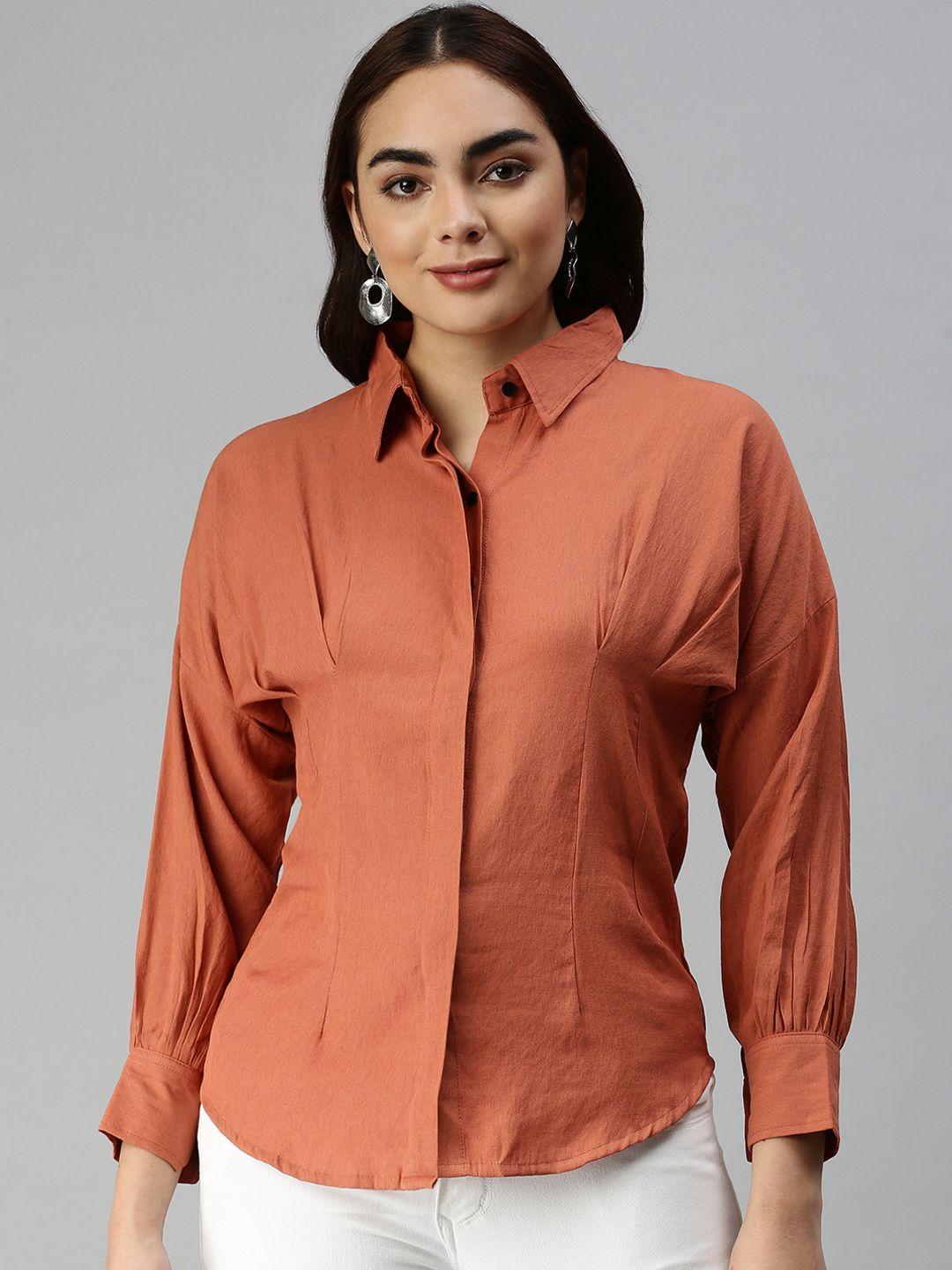 showoff women rust comfort slim fit casual shirt