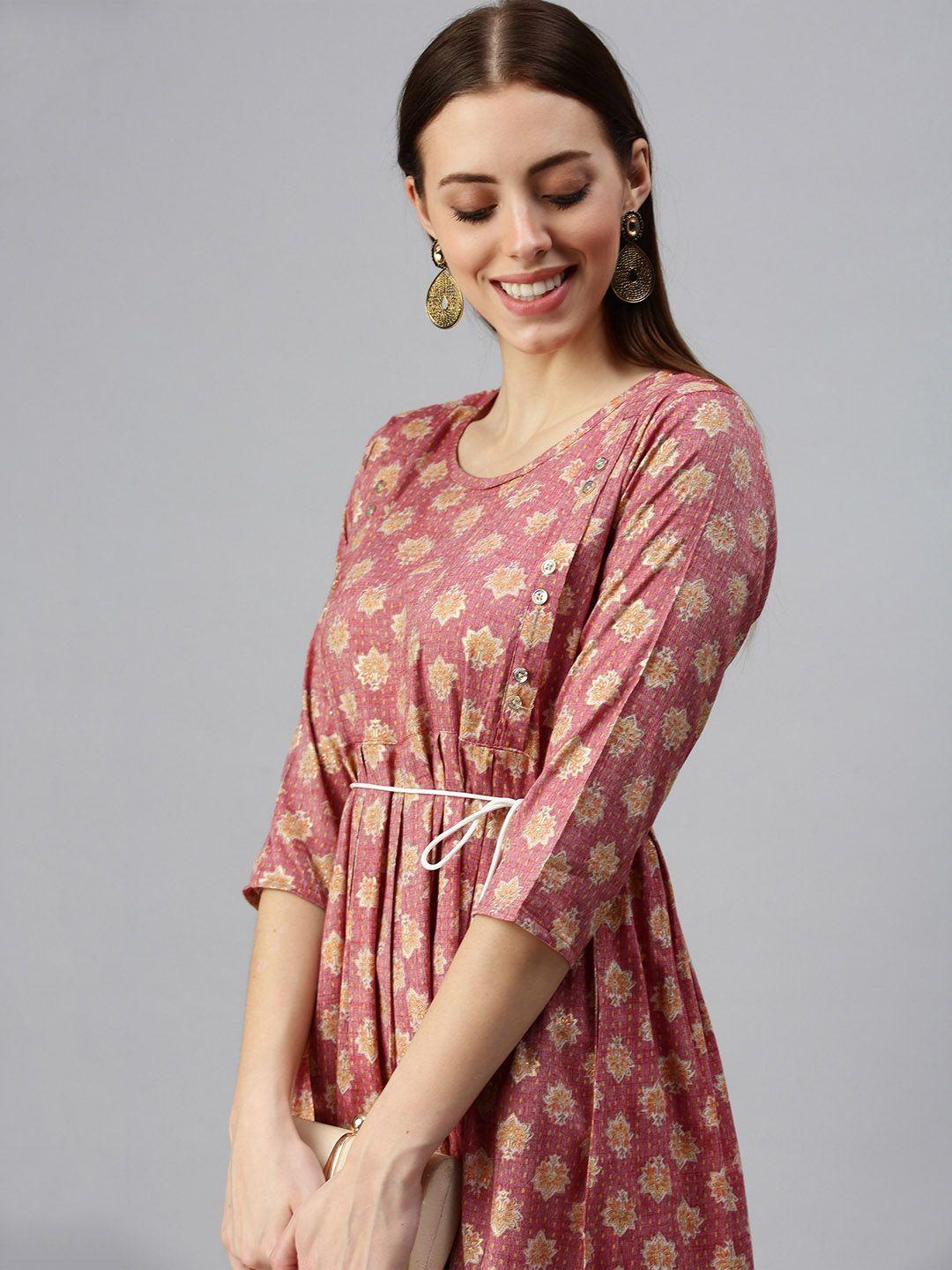 showoff women rust floral cotton blend round neck a-line kurta