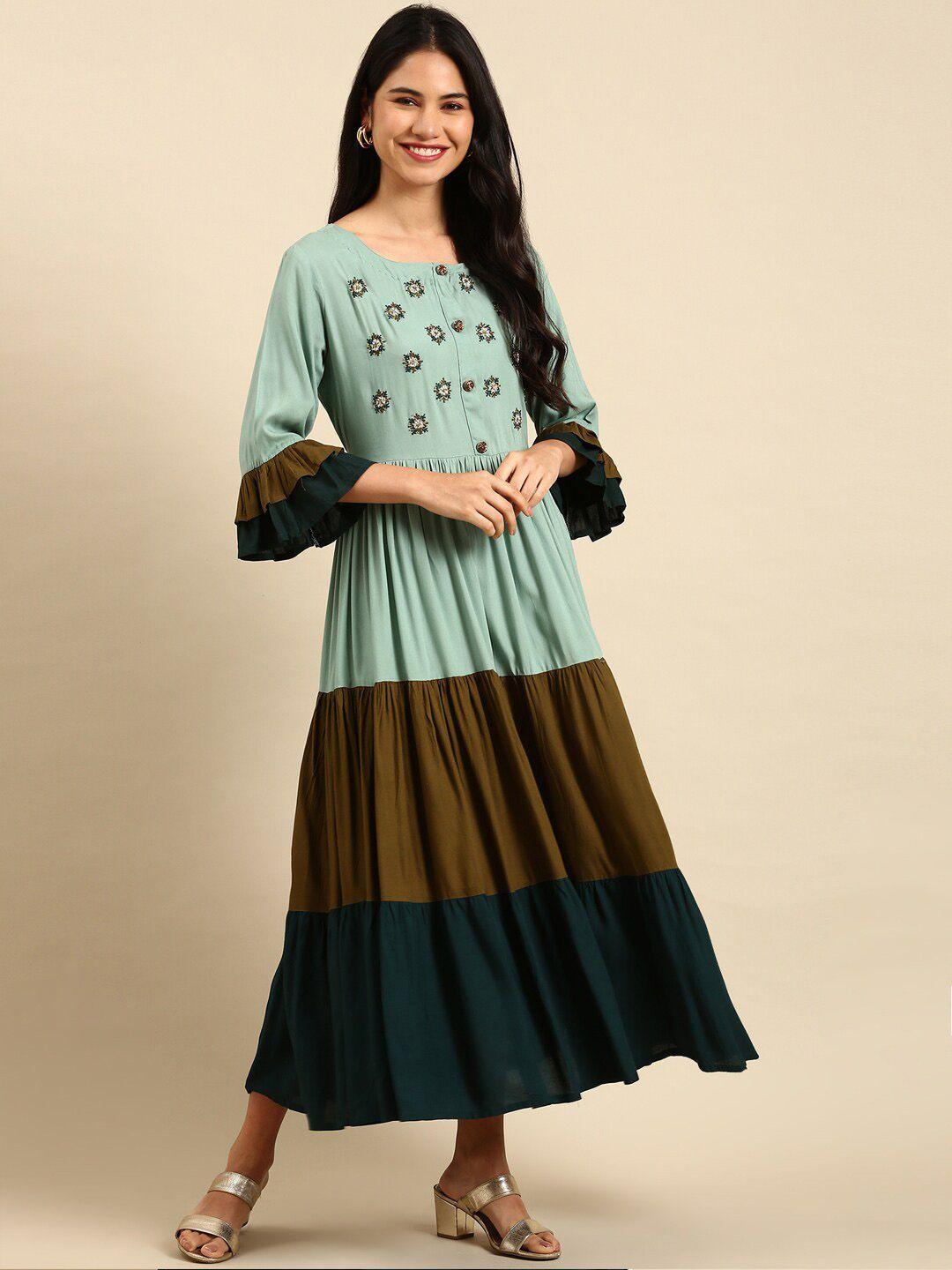 showoff women sea green & brown floral bell sleeves thread work floral cotton kurta