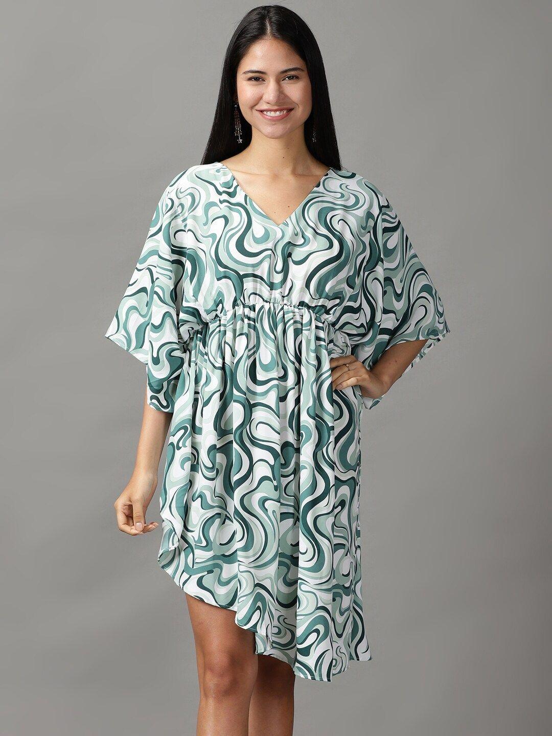 showoff women sea green & white chiffon kaftan dress