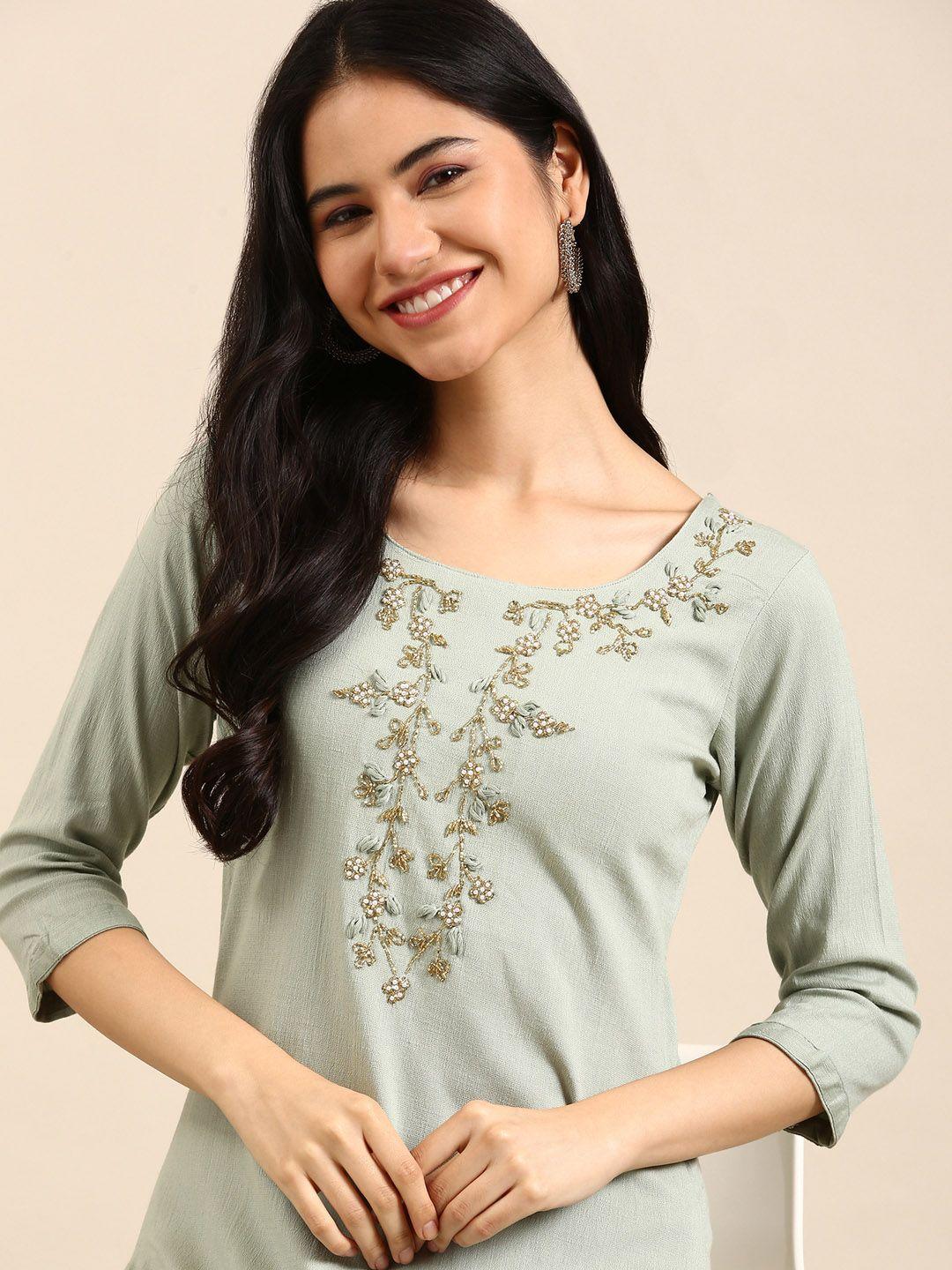 showoff women sea green embroidered beads and stones kurta with trousers