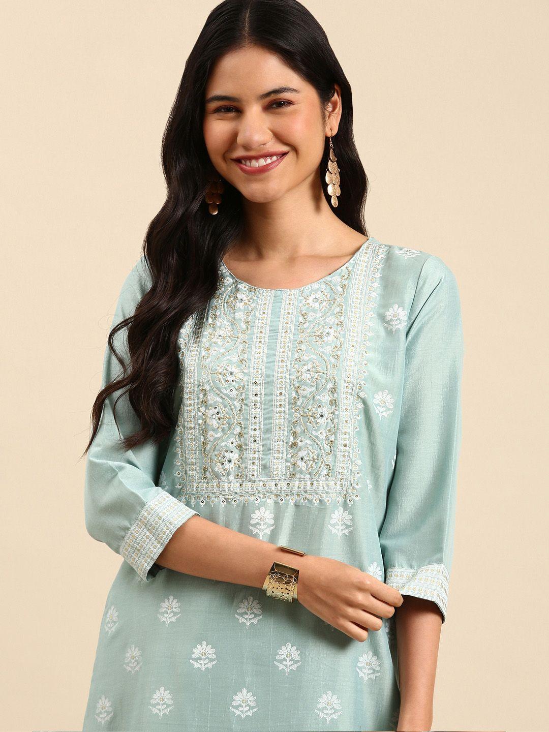 showoff women sea green floral embroidered beads and stones kurta with trousers