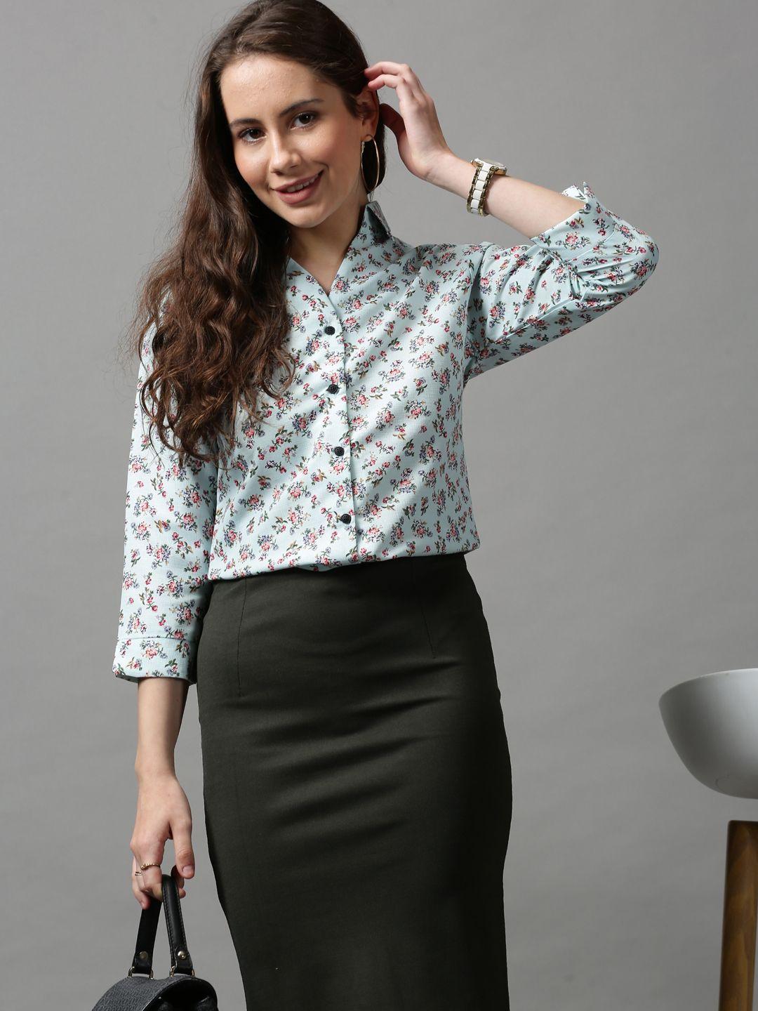 showoff women sea green floral printed casual shirt