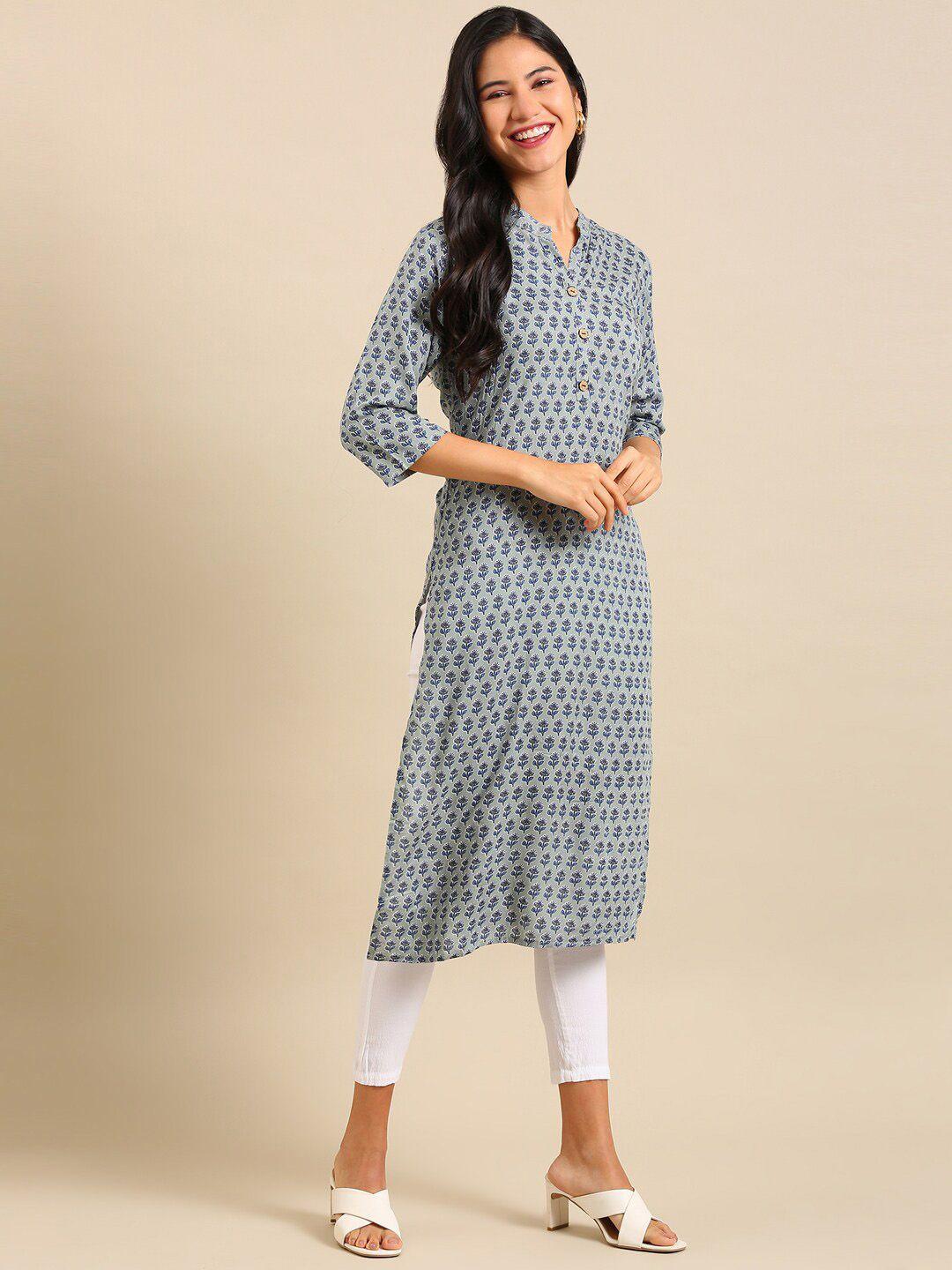 showoff women sea green floral printed kurta